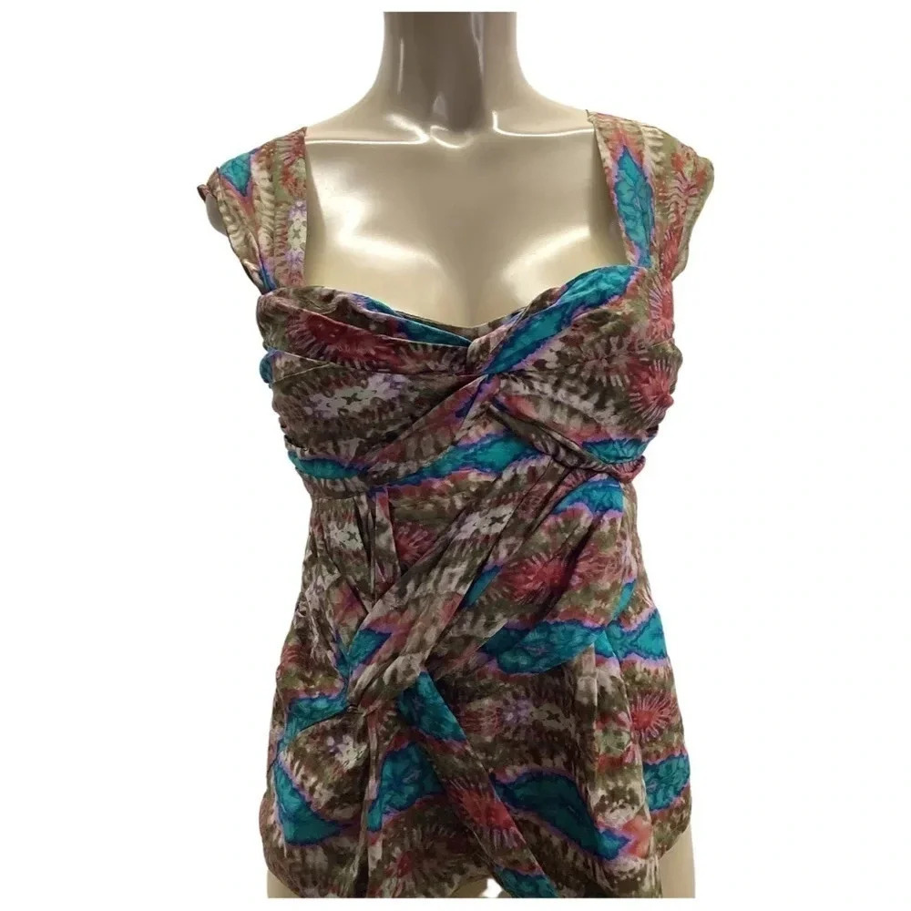 Nanette Lepore Multicolor Floral Print Cap Sleeve Top (Teal, Brown, Pink)